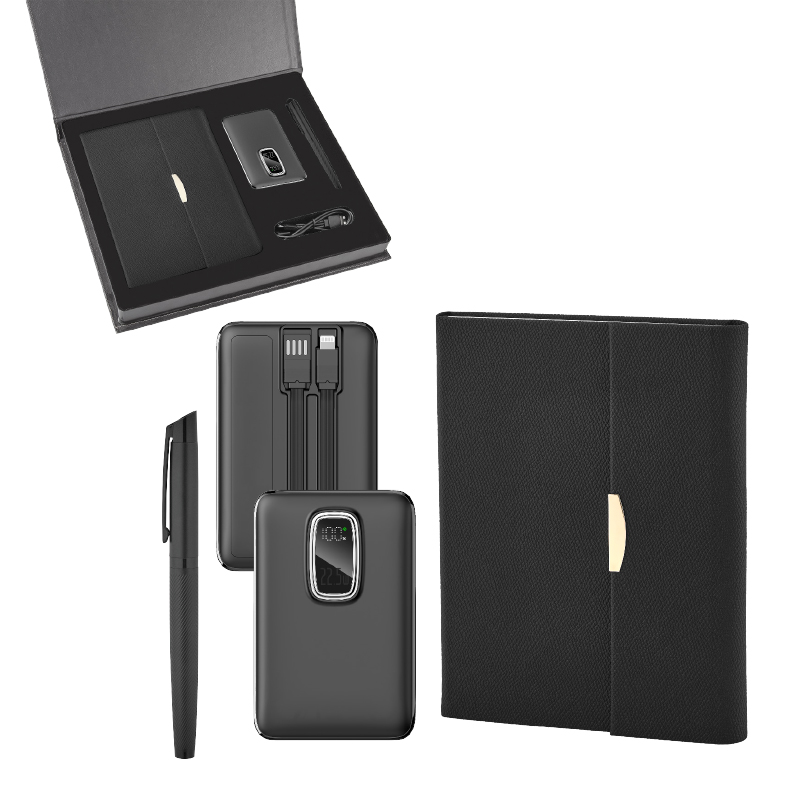5072 Siyah Hediyelik Set - 10.000 Mah Powerbank - 15X21 Defter - Metal Roller Kalem