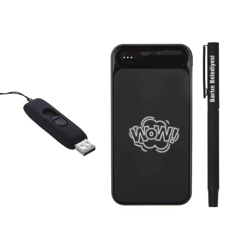 5057 Siyah Kalem & Powerbank & Usb Set