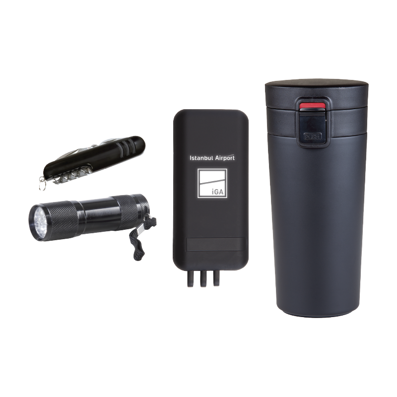 5067 Siyah - Siyah Mug Çakı & Fener & Powerbank & Termos Set