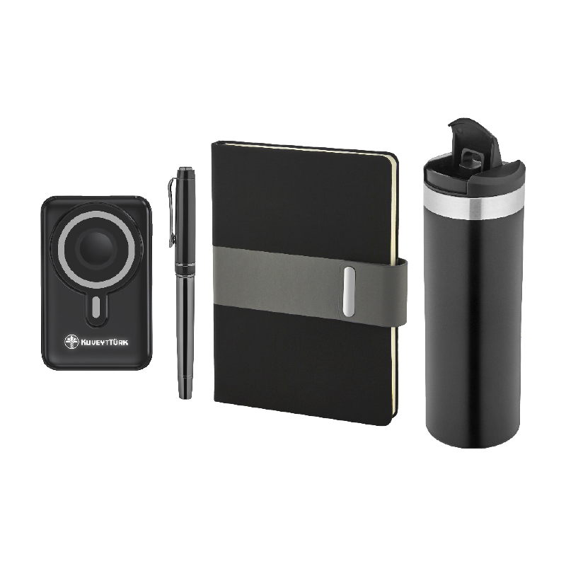 5078 Siyah Kalem & Defter & Powerbank & Termos Set